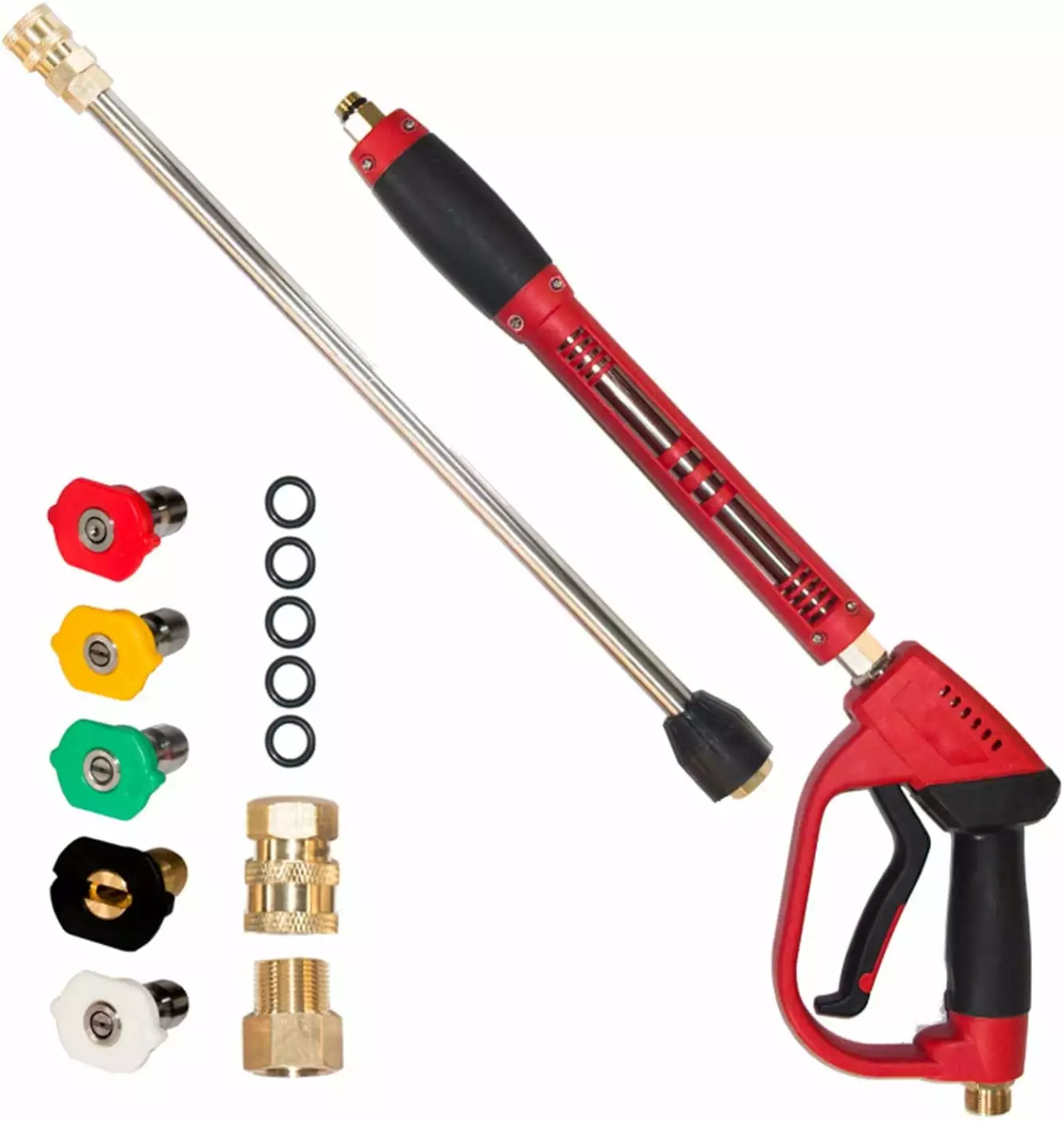 Pressure Washer Gun. Red High Power Washer Gun Replacement Wand Extension. 5 Nozzle Tips. M22 Fittings. 40 Inch. 5000 PSI