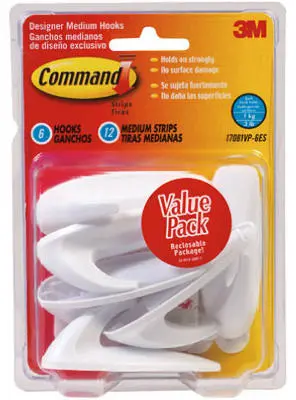 Command 17081VP-6ES Designer Medium Hooks Value Pack White 6 Hooks 12 Strips