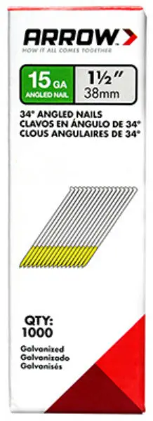 Arrow Fastener 15G38-1K Galvanized 34-Degree Angled Nails 1-1/2 Inch 1000-Pack Framing and Construction