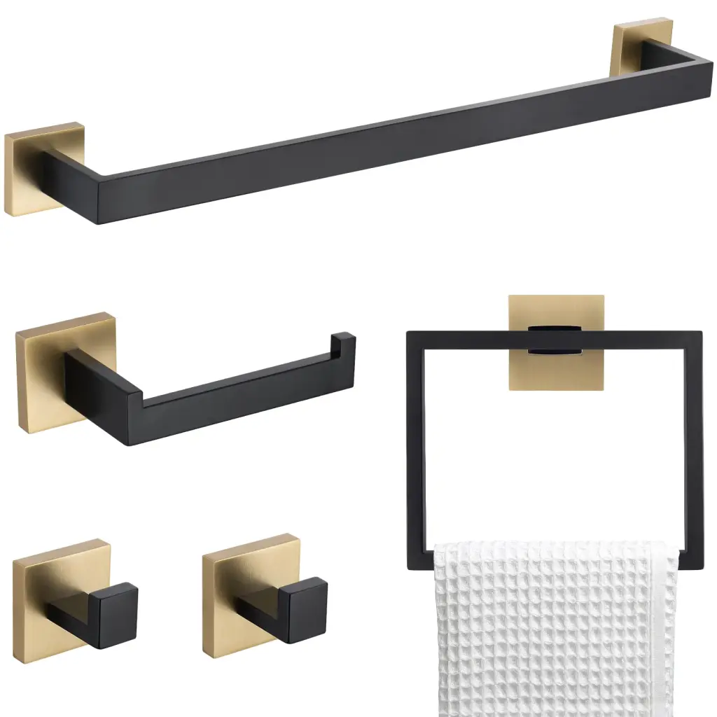 5 Piece Bathroom Accessory Set Black Gold - Towel Bar, Toilet Paper Holder bathininc