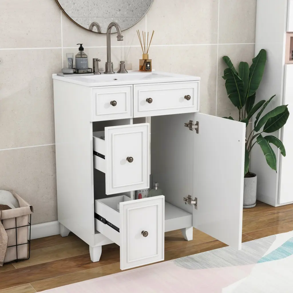 24 Inch Bathroom Vanity Cabinet Ceramic Sink 2 Drawers 1 Door rnb
