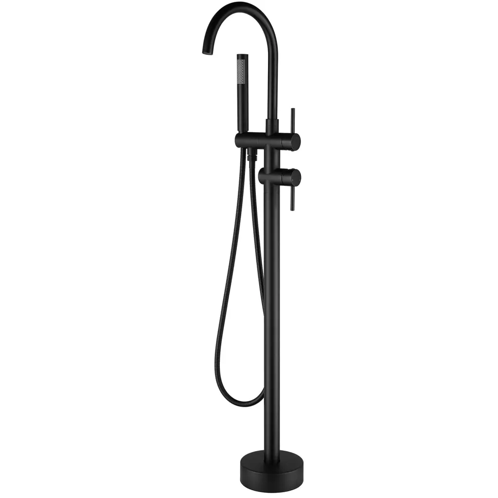 Freestanding Matte Black Bathtub Filler Dual Handles And Hand Shower bathininc