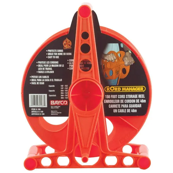 Bayco K-100 Cord Storage Reel Stand Holds Up To 150 Feet Cord Orange Easy Storage