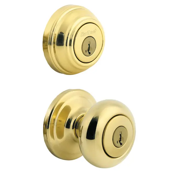 Kwikset 991J-3-SMT-CP-K4 Juno Knob and Single Cylinder Combo Pack Polished Brass Door Lock Set