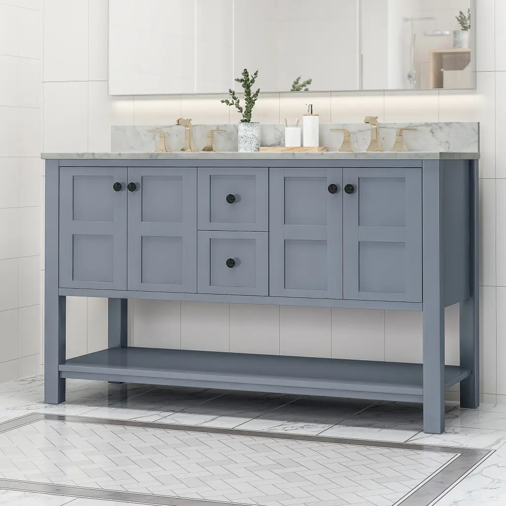61 Bathroom Vanity Marble Top & Double Ceramic Sinks 4 Doors nh-bo