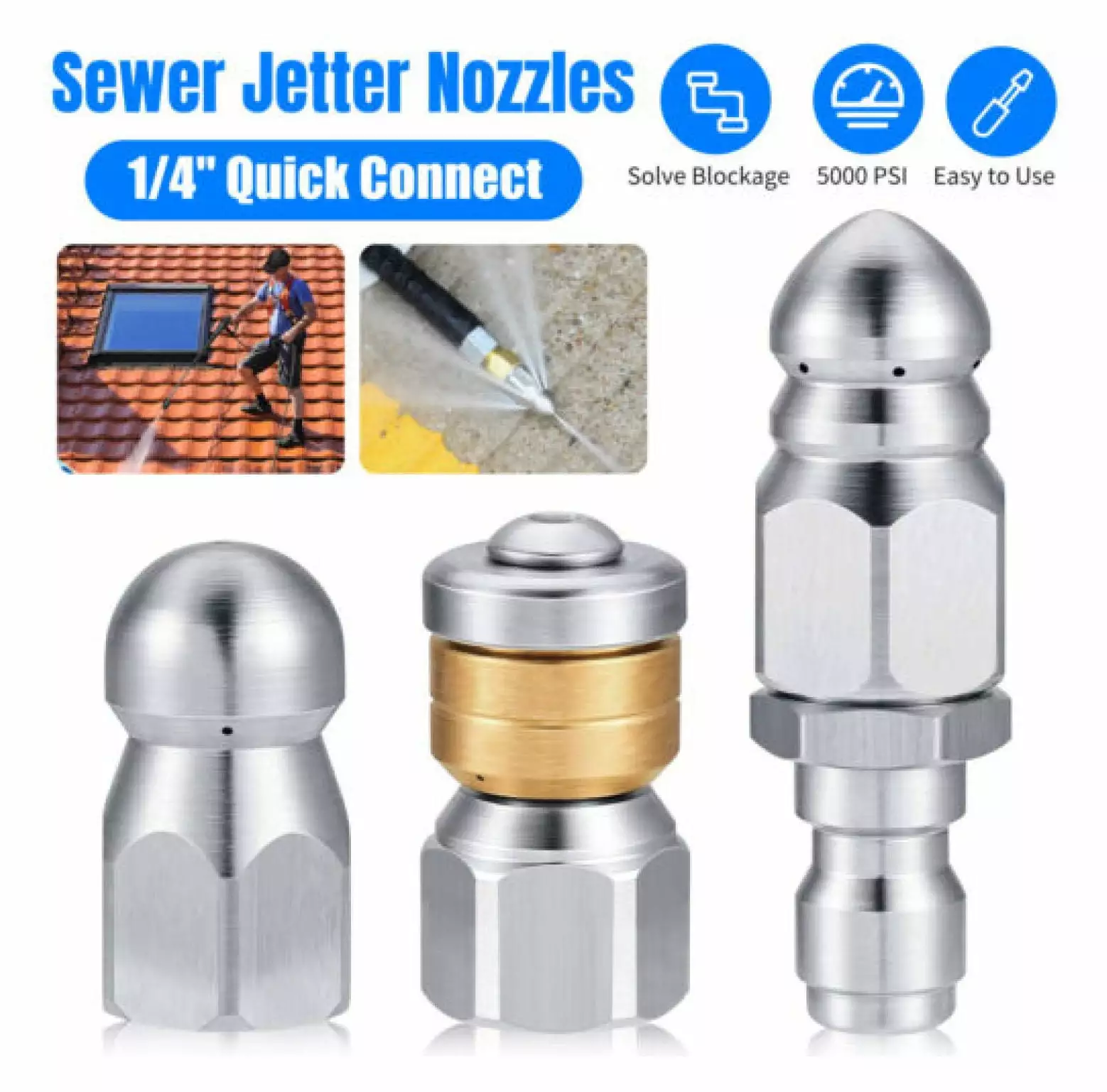 ZHANGHU 3Pcs Sewer Jetter Nozzle Drain Jet Pressure Washer 1/4'' Quick Connect 5000 PSI