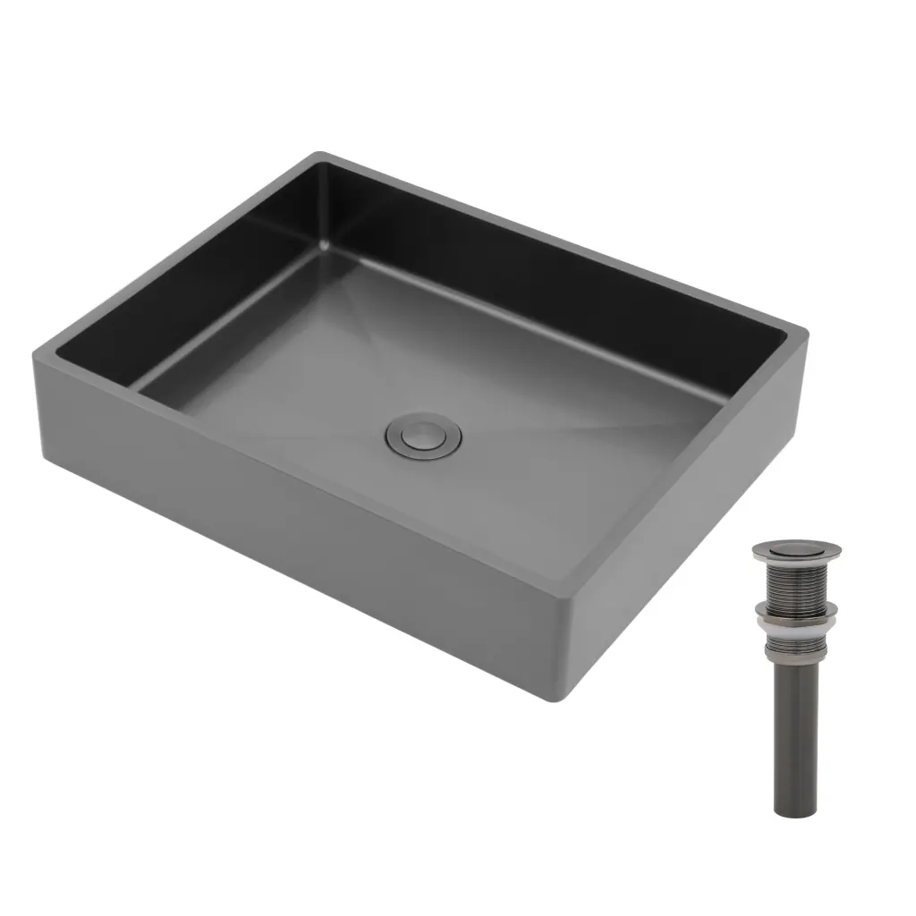 19 Inch X 15 Inch Gunmetal Black Stainless Alloy Metal Bathroom Sink Pop Up Drain lordear