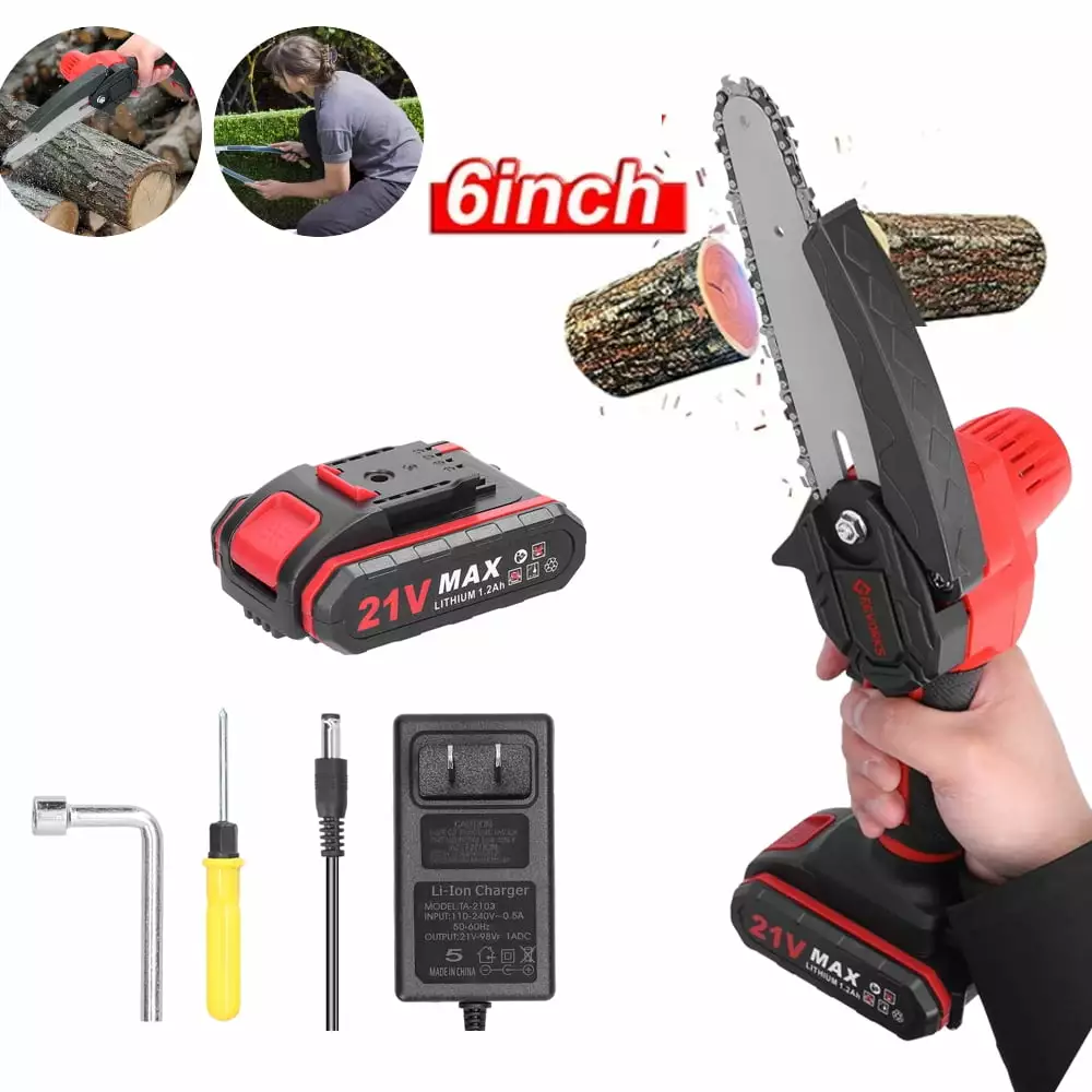 CACAGOO 6 Mini Chainsaw 21V Battery Powered Chainsaw Handheld Small Chain Saw Tree Trimming Branch Wood Cutting