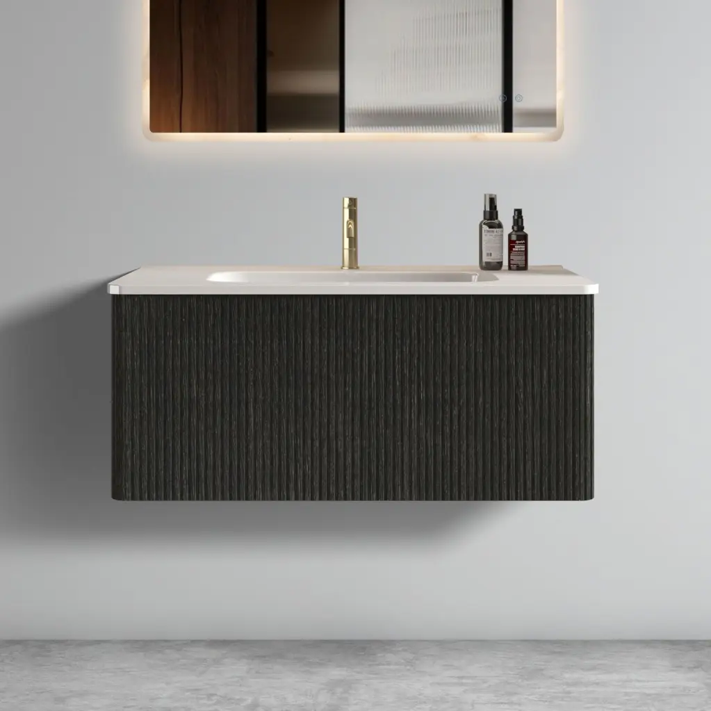 Etna 36 Inch Striped Brushed Black Oak Floating Bathroom Vanity abay home
