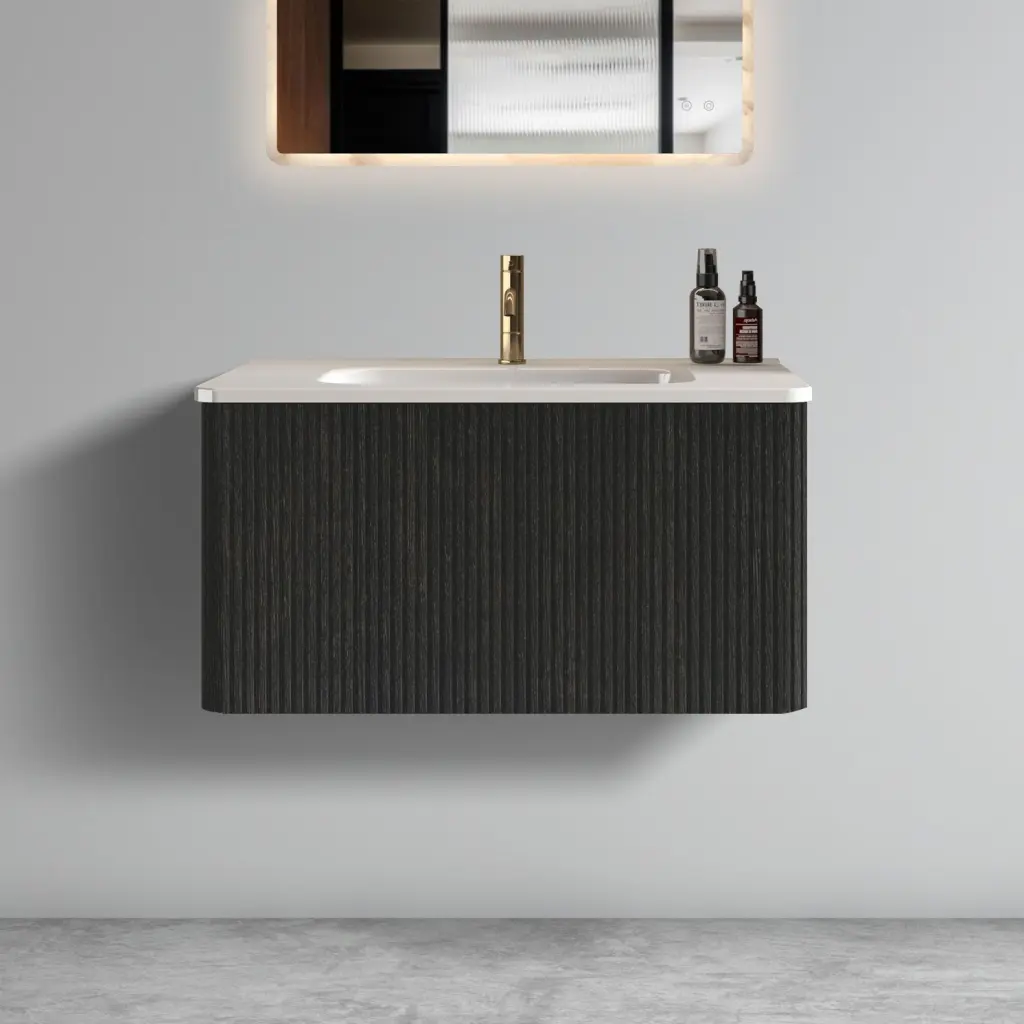 U057 Etna 30 Inch Striped Brushed Black Oak Floating Bathroom Vanity abay home