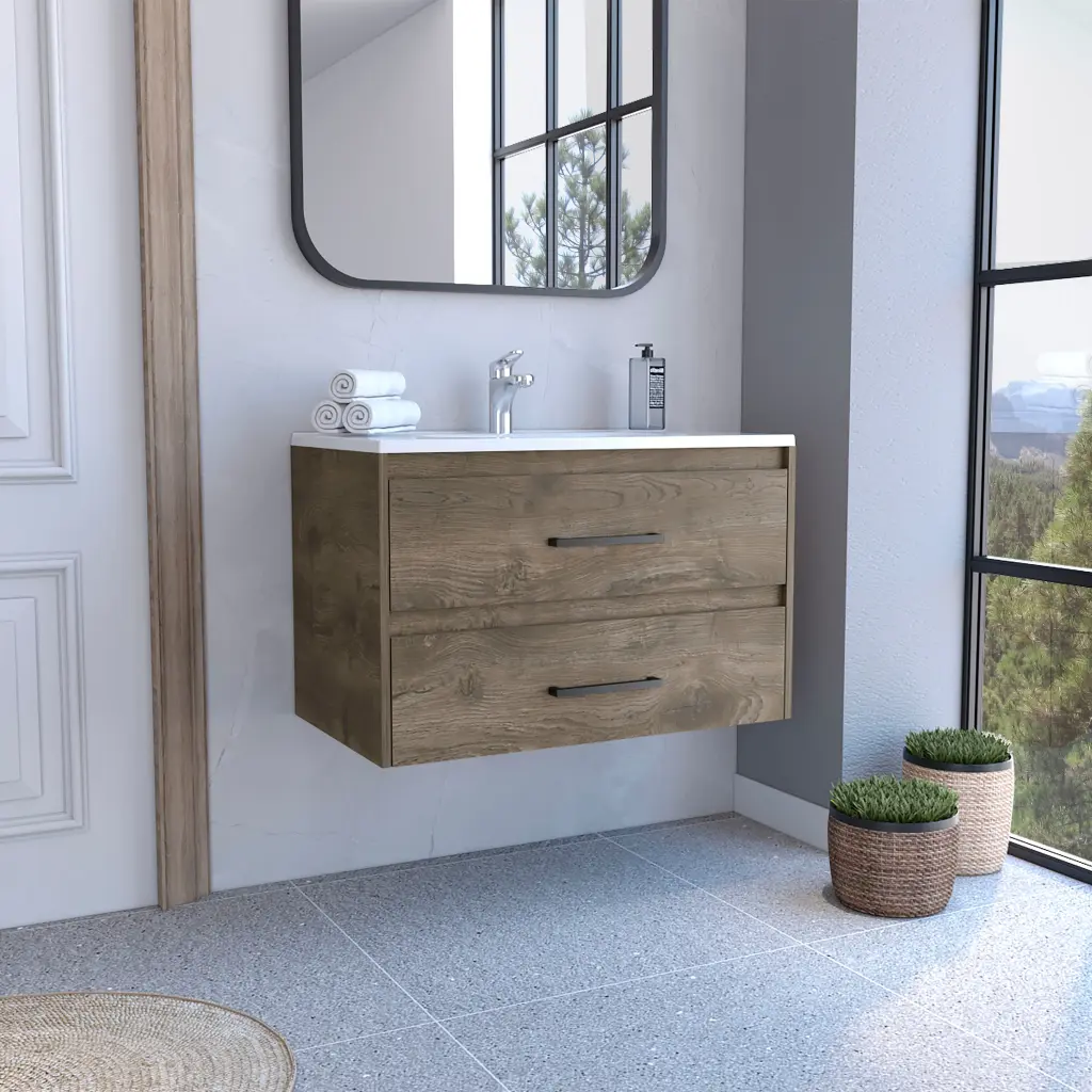 Praga Floating Vanity Sink 2 Drawers Dark Brown and White tuhome
