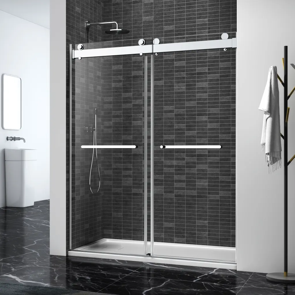 60x76 Double Sliding Frameless Shower Door Brushed Nickel Buffer w1056 clovis