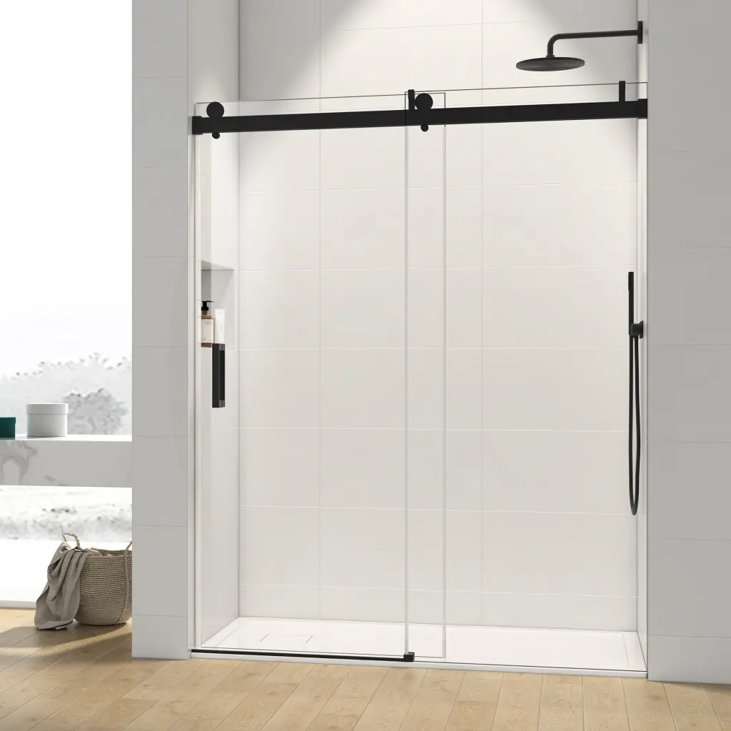72x76 Inch Single Sliding Frameless Shower Door Matte Black Buffer w1056 clovis