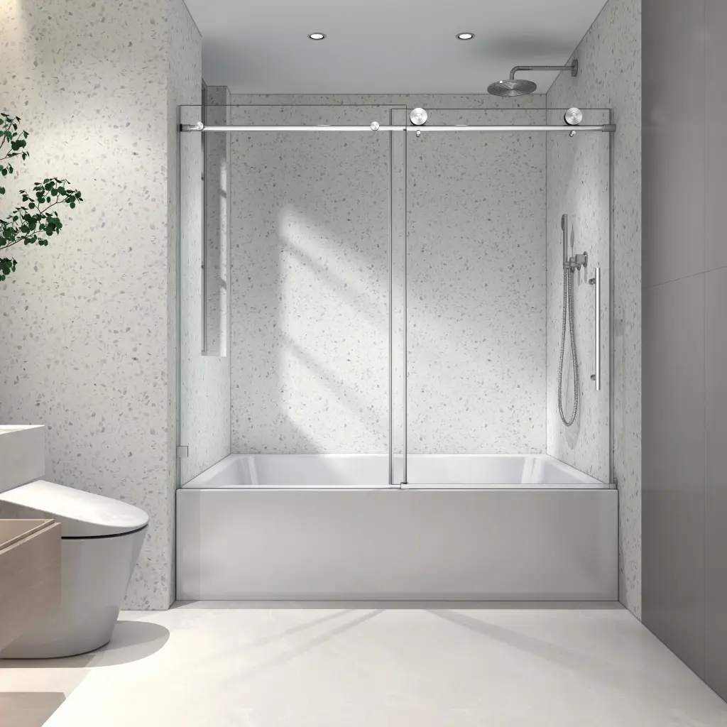 6076 Brushed Precious Metal Frameless One Fixed And One Shifted Shower Door 70mm yuejia shower door