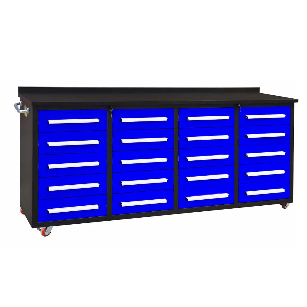 7 Foot Garage Storage Cabinets Workbench and 20 Drawers Blue Steel chery