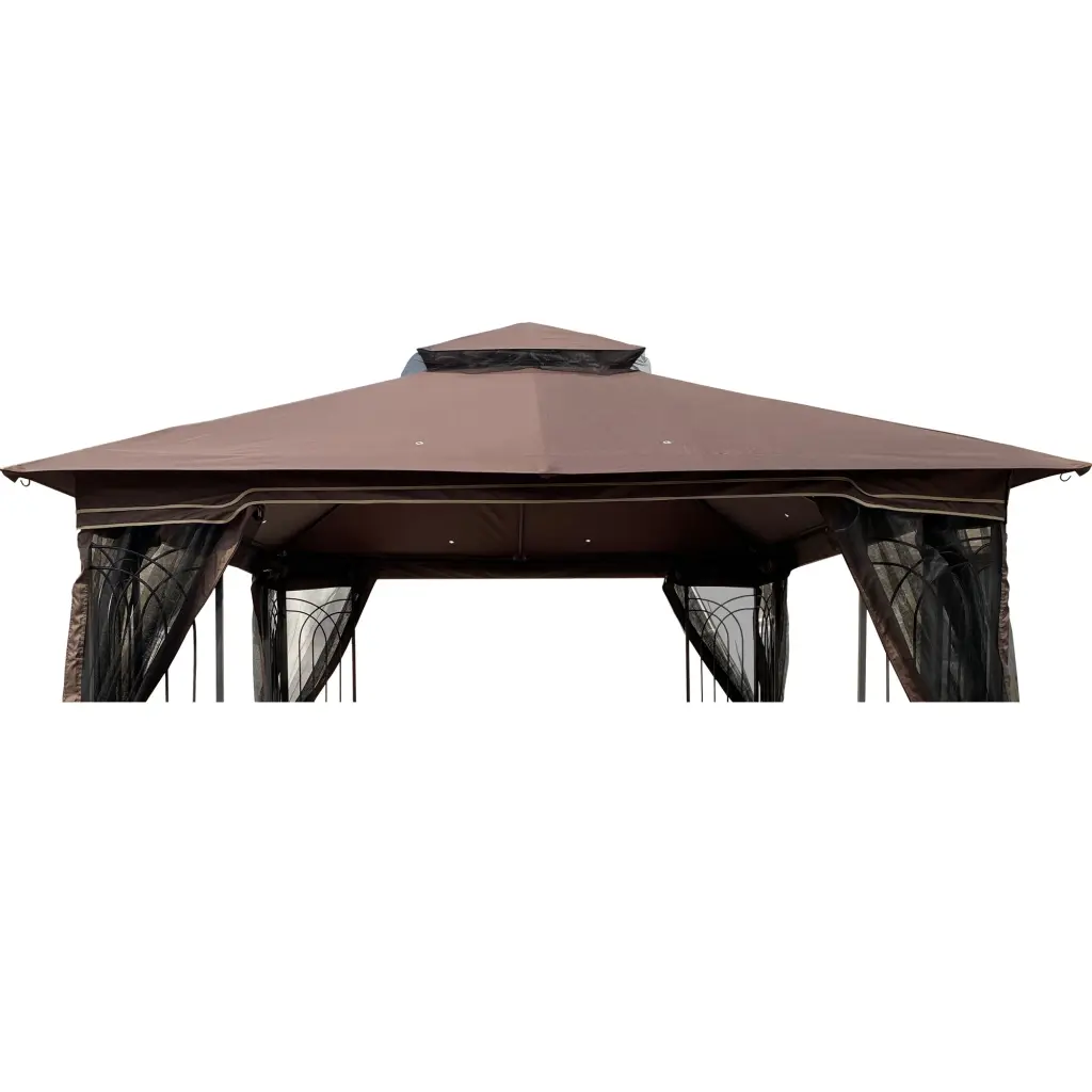 10X10 Ft Patio Double Roof Gazebo Replacement Canopy Top Fabric Brown Weatherproof bei you