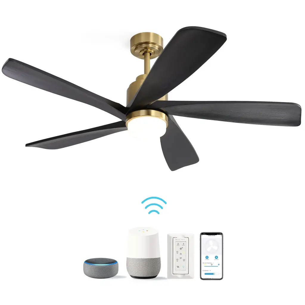 52 Inch Ceiling Fan Dimmable LED Light and 5 Solid Wood Blades Large Rooms ceiling fan with light