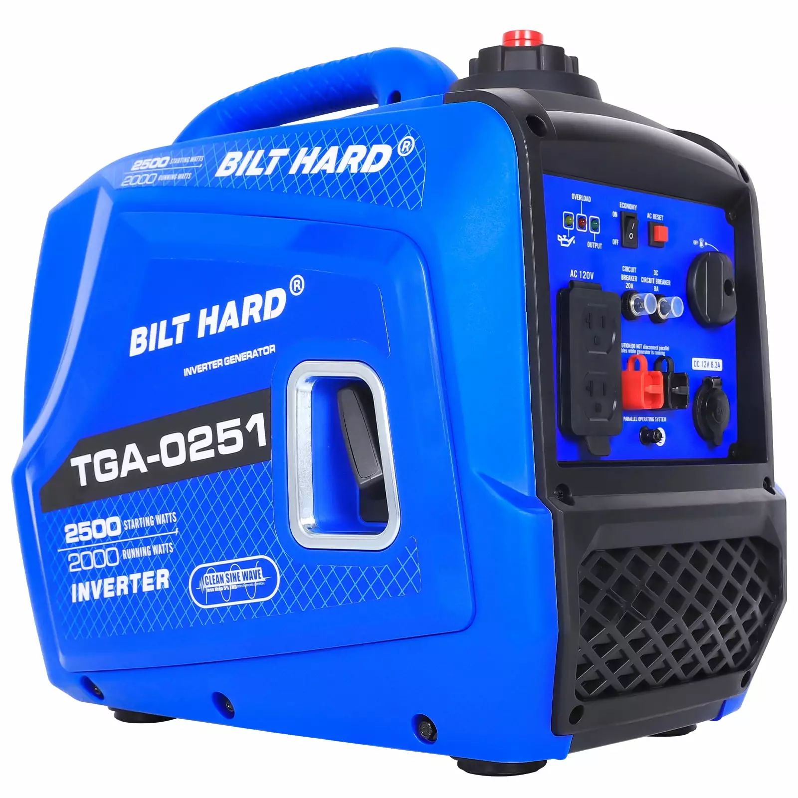 BILT HARD Generator 2500 Watt. Quiet Inverter Generator Travel-friendly 80cc 4 Stroke Engine. 120V AC Duplex Receptacle an...