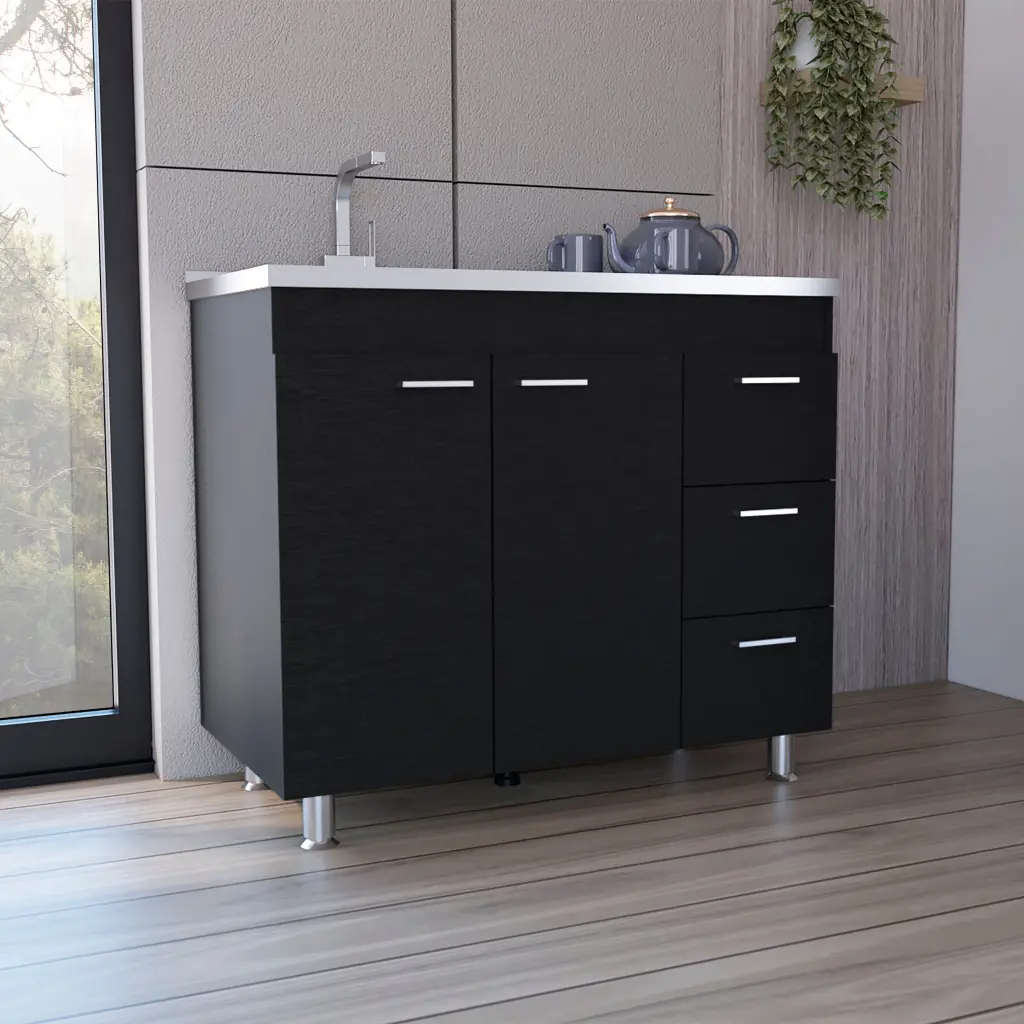 Ferretti Functionality Sink Three Drawers Double Door Cabinet Black rta muebles colombia