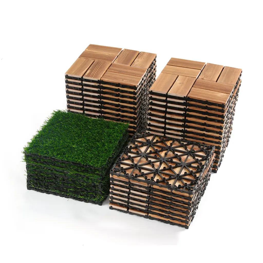 36Pcs DIY Wood Plastic Carbonized Flooring 8Pcs Simulated Lawn Waterproof Tiles beiru home