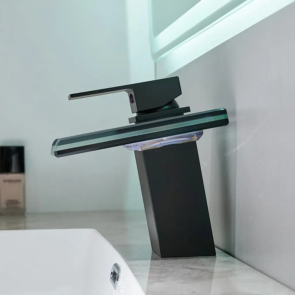 Bathroom Sink Faucet LED Light 3 Hue Changing Waterfall Glass Spout Modern Faucet rnb
