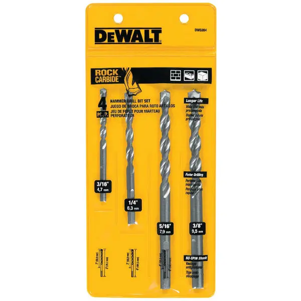 DeWalt DW5204 Premium Percussion Masonry Drill Bit Set 4-Piece Concrete and Brick
