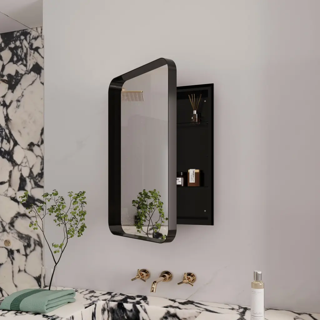 16X24 Inch Recessed Black Metal Framed Medicine Cabinet Mirror fs furniture