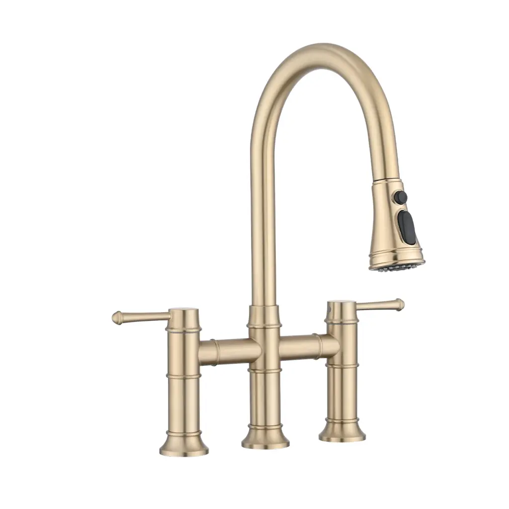 Double Handle Bridge Kitchen Faucet Pull Down Spray Head whale
