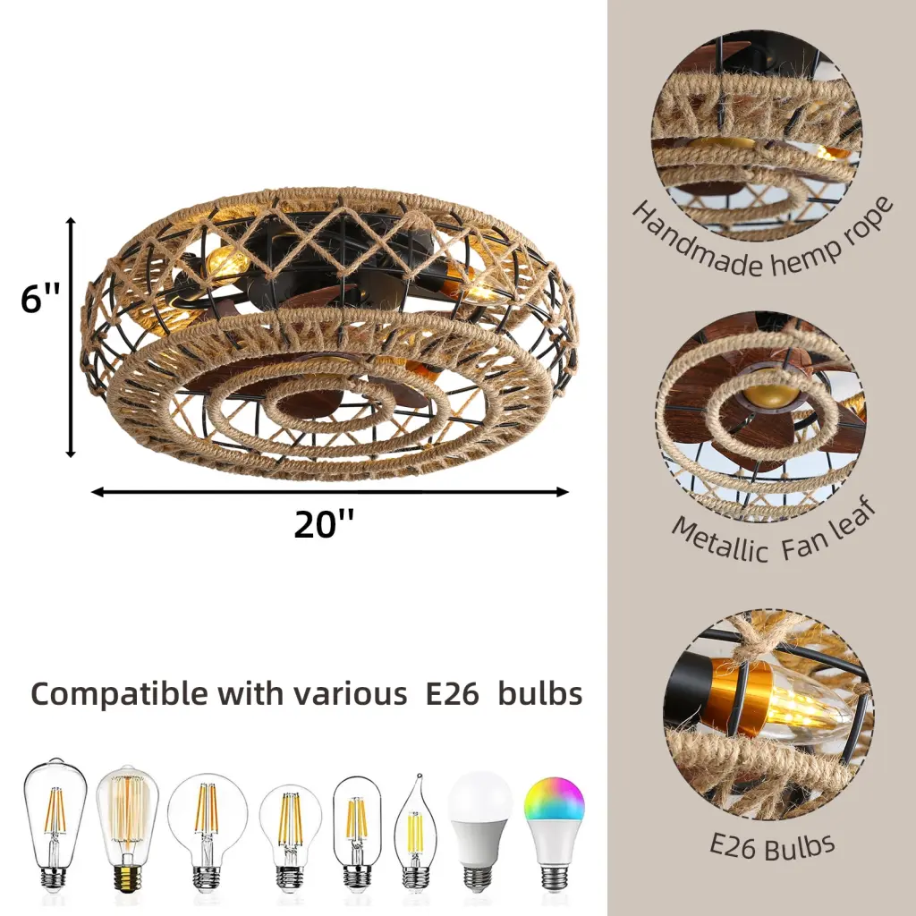 E26 Bulbs Caged Ceiling Fan Lights Remote Control Bedroom w1962 seehui lighting