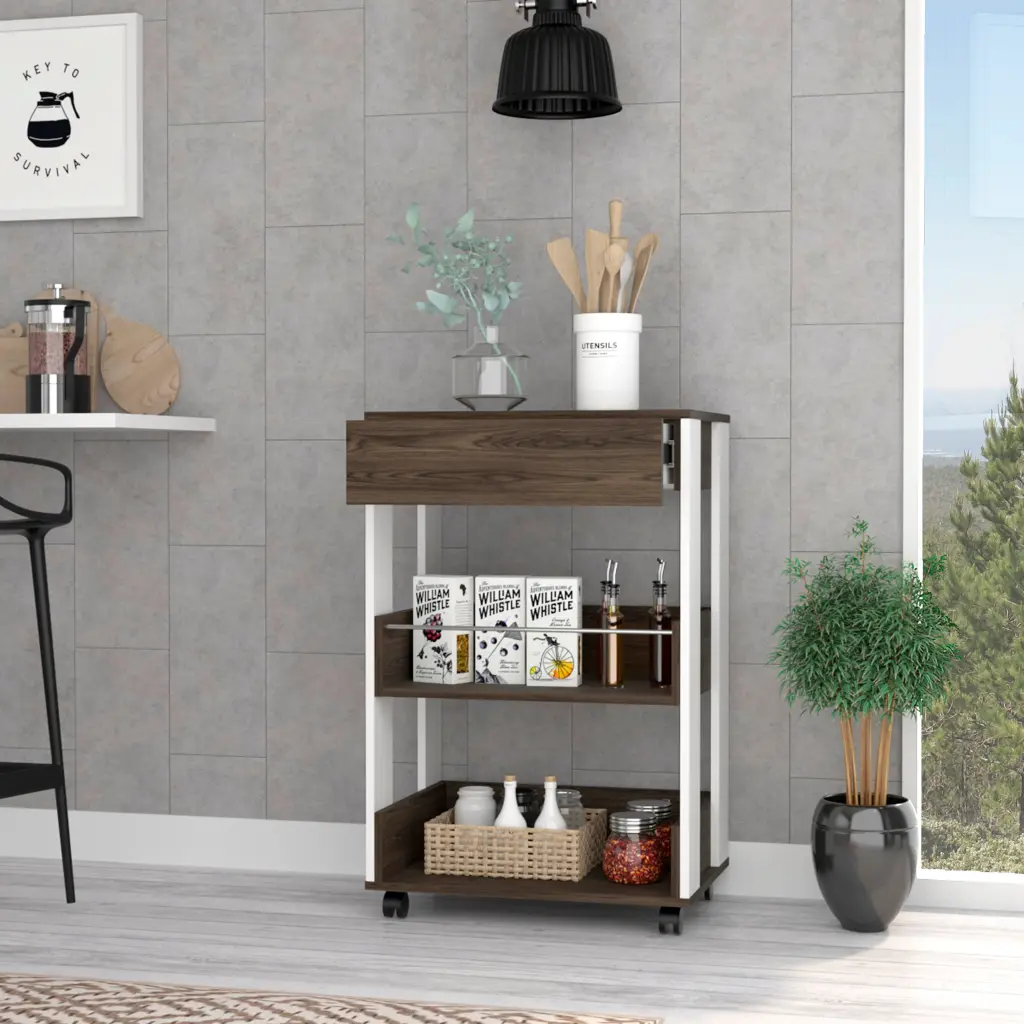 Kitchen Shopping Basket Cart Drawer Three Tier Shelves And Casters White treevol furniture