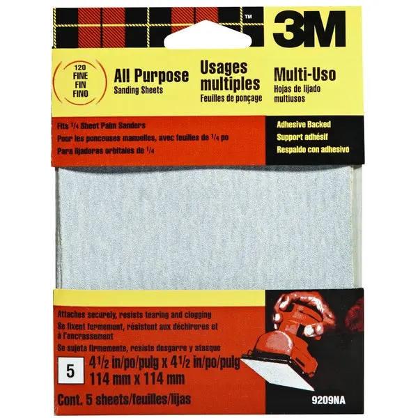 3M 9209 Adhesive Backed Palm Sander Sheets 4-1/2 x 4-1/2 Fine 120 Grit 5-Pk