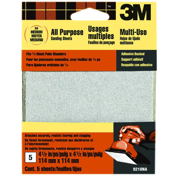 3M 9210NA Adhesive Backed Palm Sander Sheets 4-1/2x4-1/2 Medium Grit 5-Pack