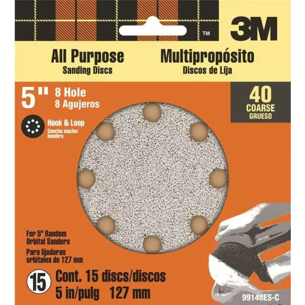 3M Hook & Loop Sanding Disc 5 Inch 8-Hole Coarse 40 Grit 15-Count Pack