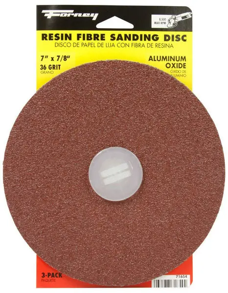 Forney 71654 Aluminum Oxide Resin Fibre Sanding Disc 7 Inch x 7/8 Inch 36 Grit 3-Pack