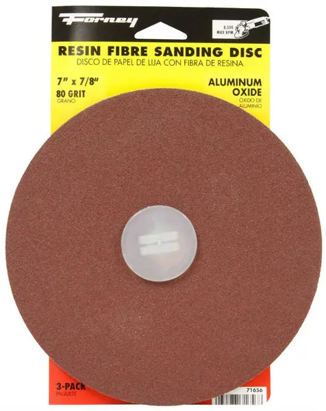 Forney 71656 Aluminum Oxide Resin Fibre Sanding Disc 7 Inch x 7/8 Inch 80 Grit 3-Pack