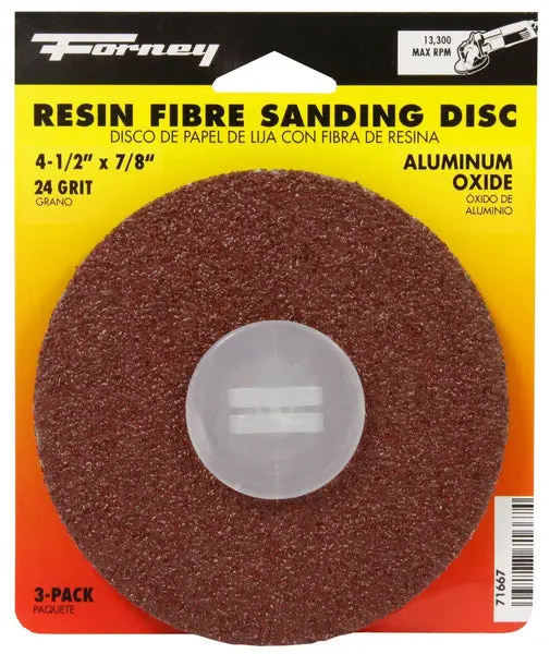 Forney 71667 Aluminum Oxide Resin Fibre Sanding Disc 4.5x7/8 Inch 24 Grit 3-Pack Rough Sanding