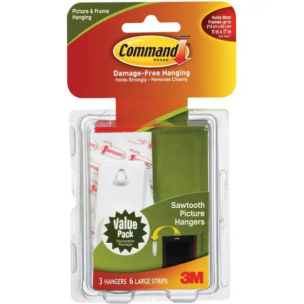Command 17042 Sawtooth Picture Hanger Value Pack White 3 Hangers 6 Strips