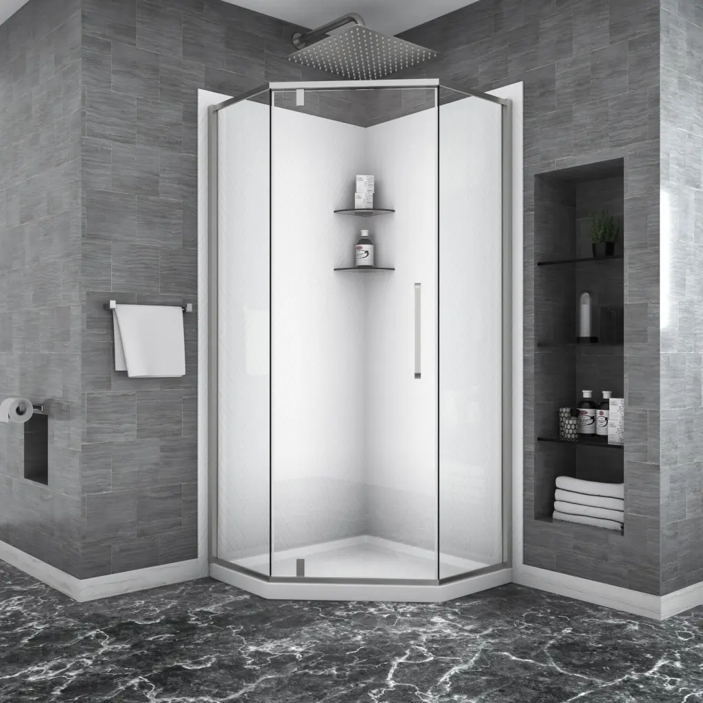 34.125 x 72 Inch Semi Frameless Neo Angle Hinged Shower Enclosure lordear
