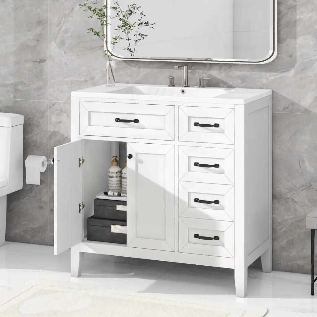 36 Inch White Bathroom Vanity Sink Bundle And Drawers by