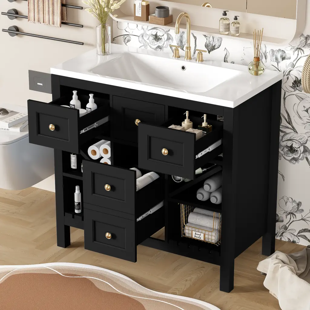 36 Inch Bathroom Vanity Resin Sink Combo Solid Wood Frame Modern Design mrs