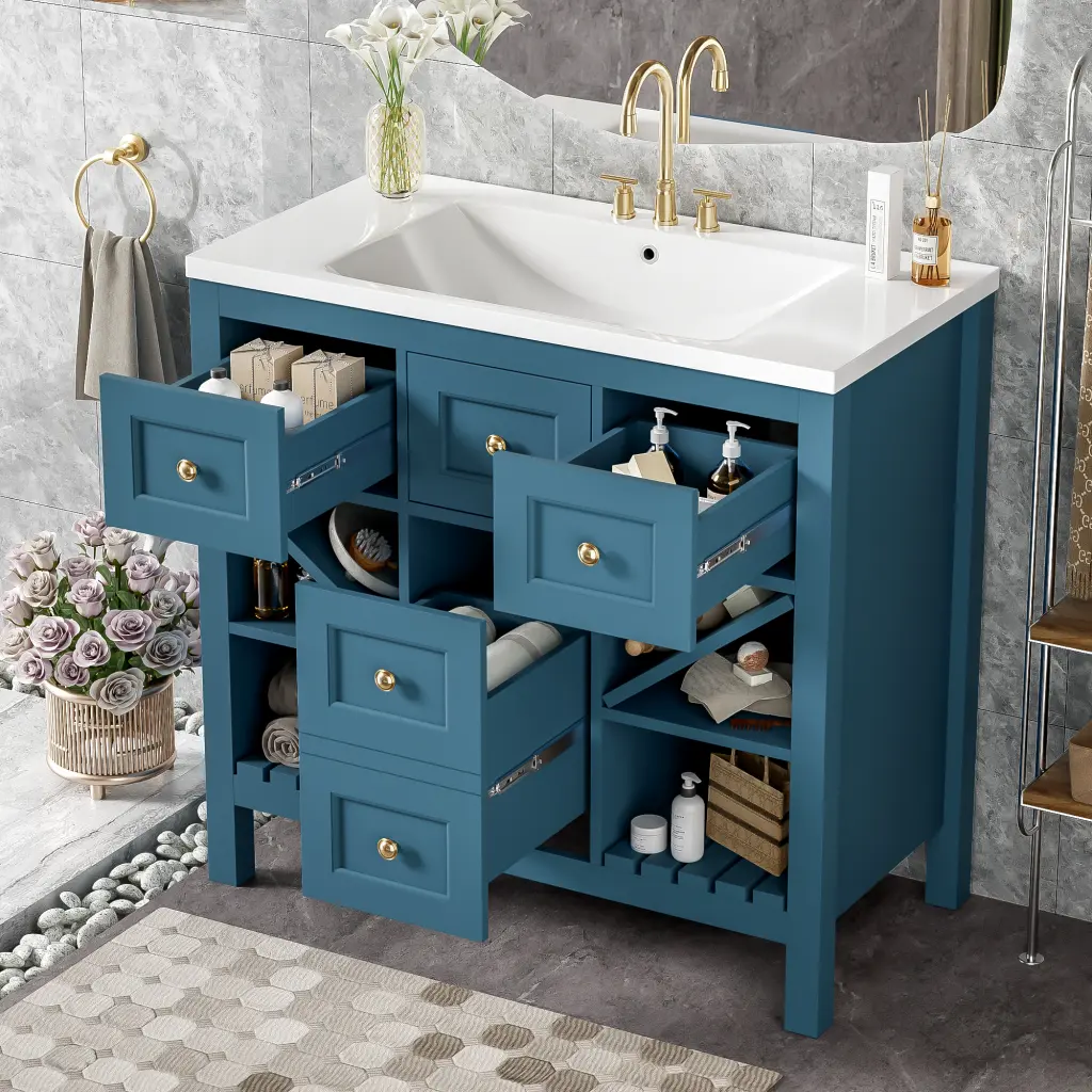 36 Inch Bathroom Vanity Resin Sink Combo Solid Wood Frame Modern Design mrs