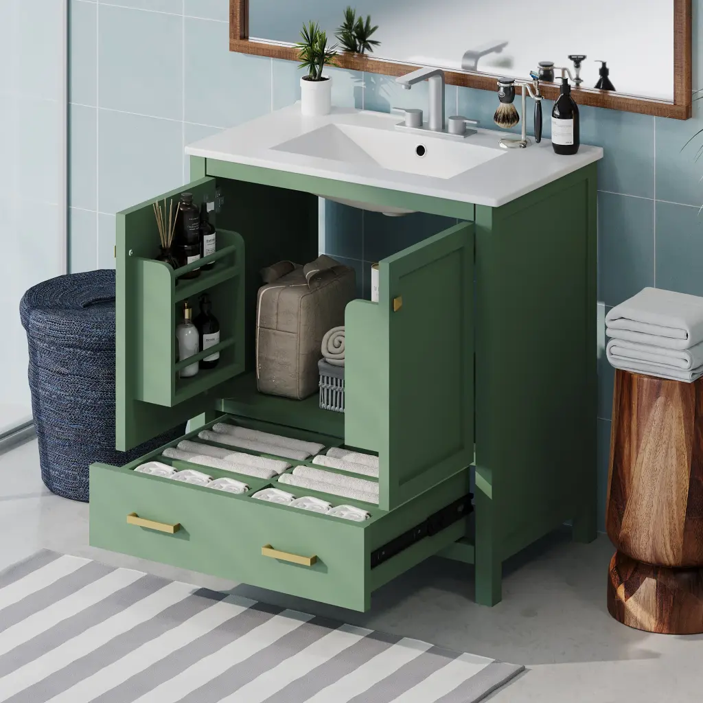 30 Inch Green Bathroom Vanity Single Sink, Combination Under Counter Storage rnb