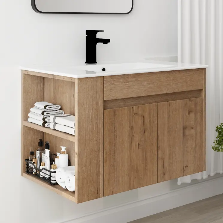 30 Inch Bathroom Vanity White Ceramic Basin and Adjustable Open Shelf g-lemon