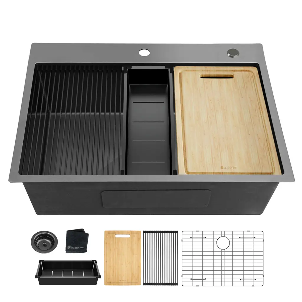 32X22 Inch Topmount Gunmetal Black Workstation 18 Gauge Stainless Steel Kitchen Sink alwen