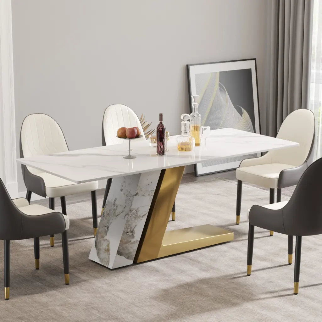 78.74 Inch Modern Artificial Stone White Straight Panel Golden Metal Frame atunus