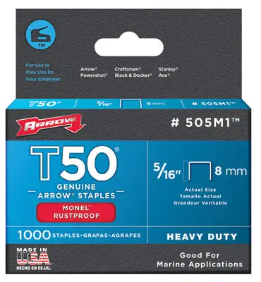 Arrow Fastener 505M1 Monel Rustproof T50 Staples 5/16 Inch Stainless Steel