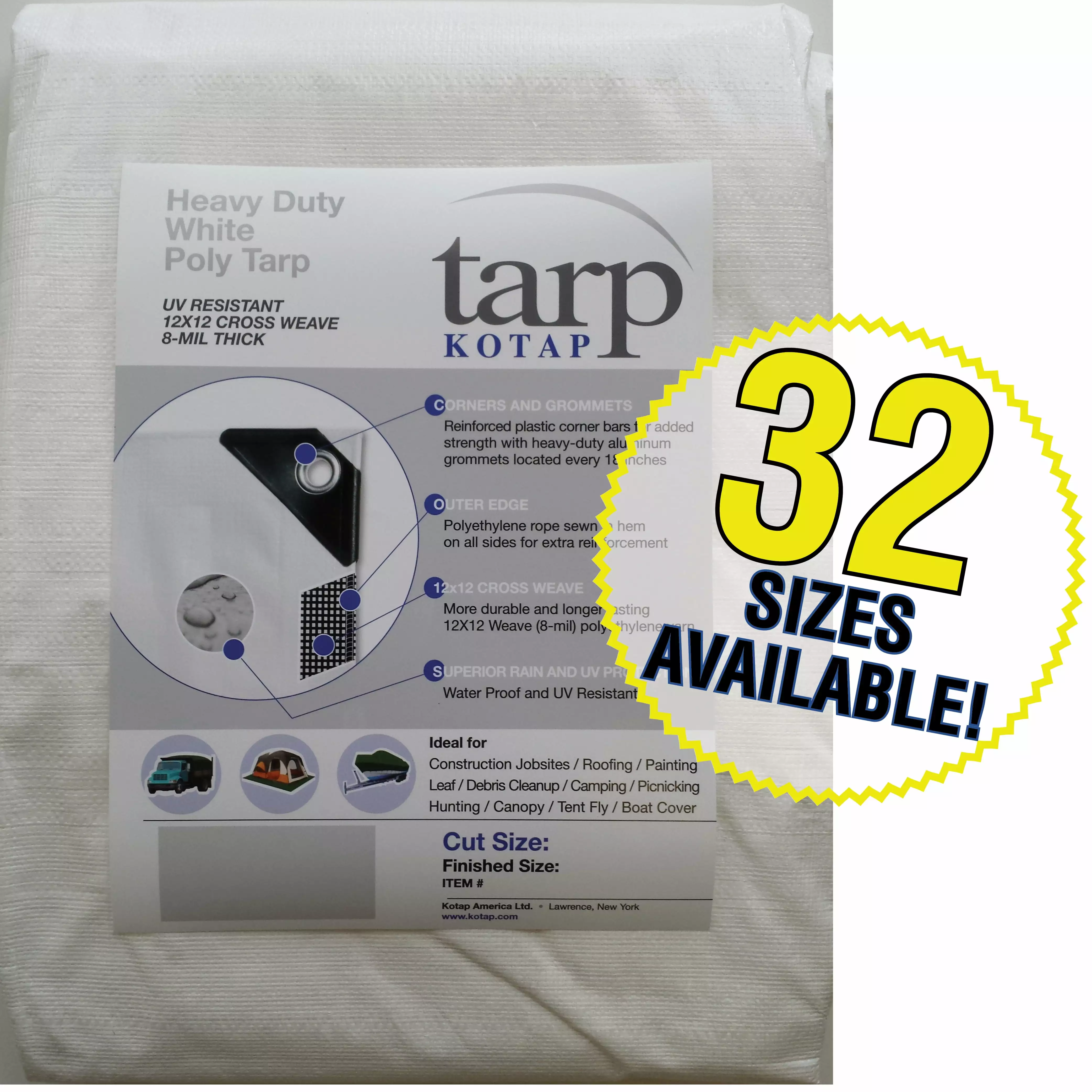 Kotap 8x20 ft Heavy-Duty 12x12 Cross Weave 8-mil White Poly Tarp - TRW-0820