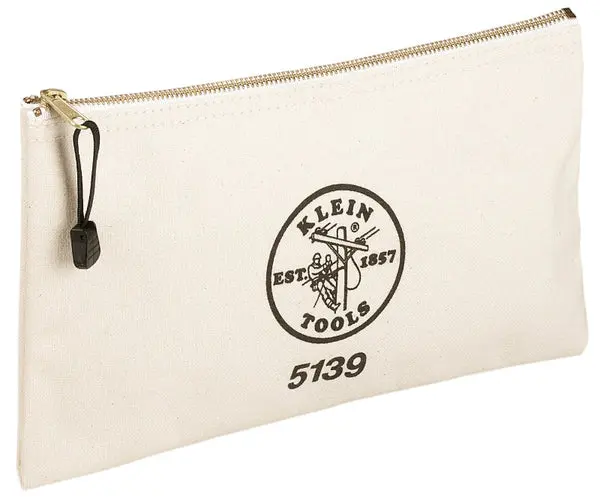 Klein Tools 5139 White Canvas Zipper Bag 7.5 x 12 Inches Durable Storage Pouch