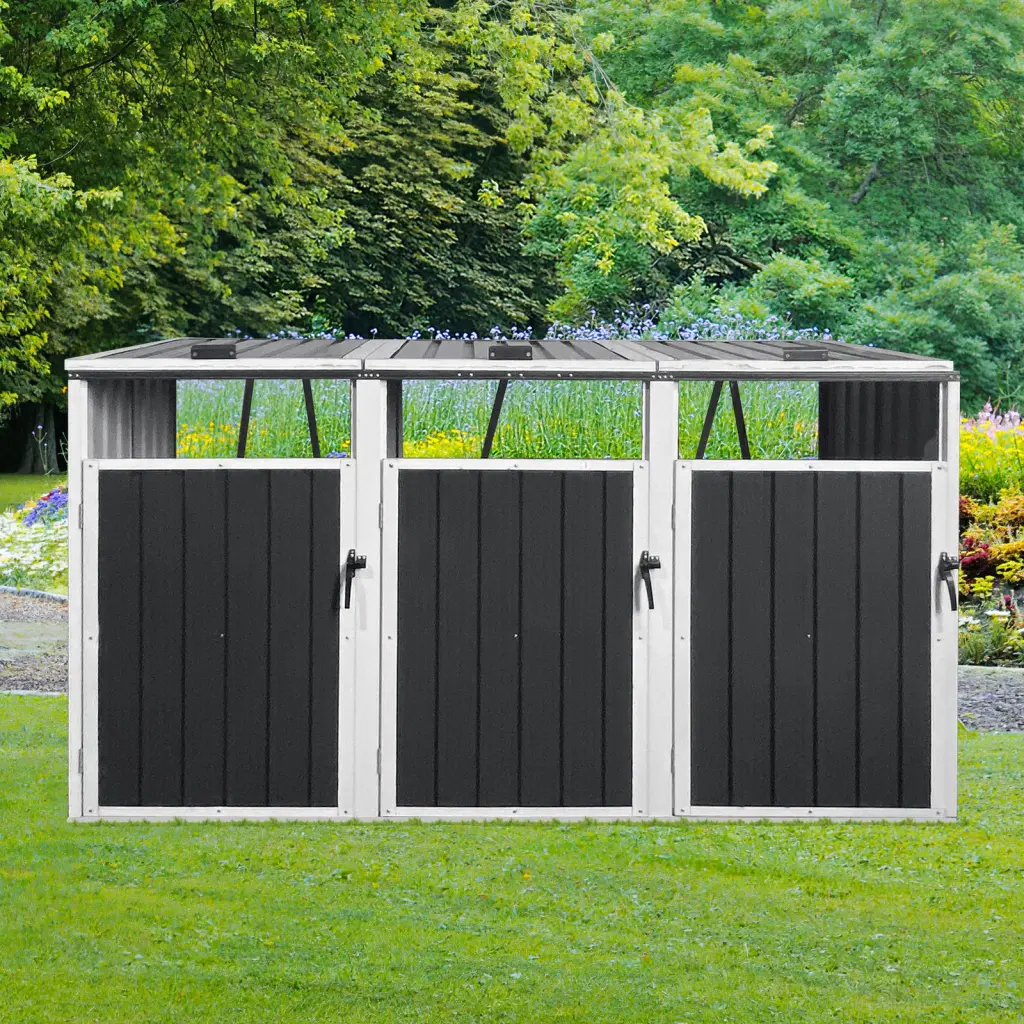 Metallic Outdoor Garbage Bin Shed 3 Trash Cans storage sheds