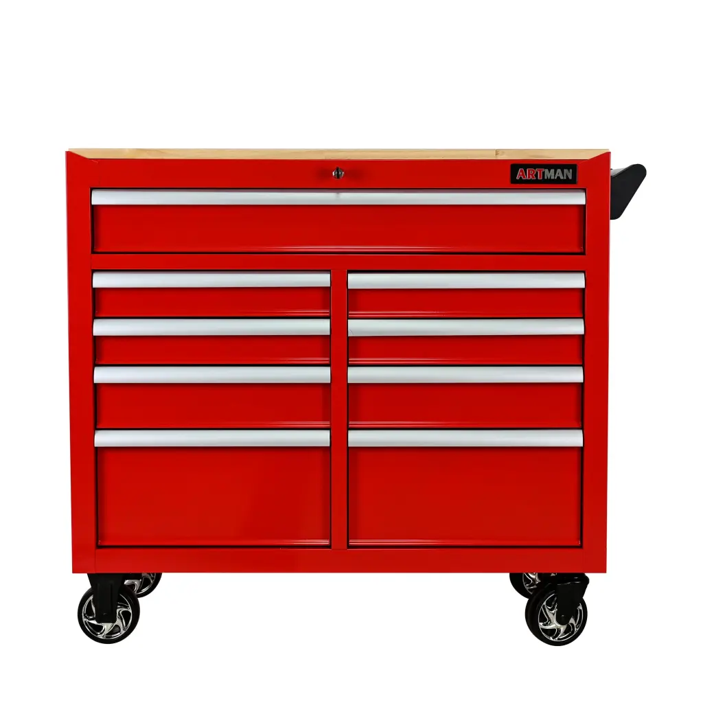 9 Drawers Multifunctional Tool Shopping Basket Wheels And Wooden Top Red artman
